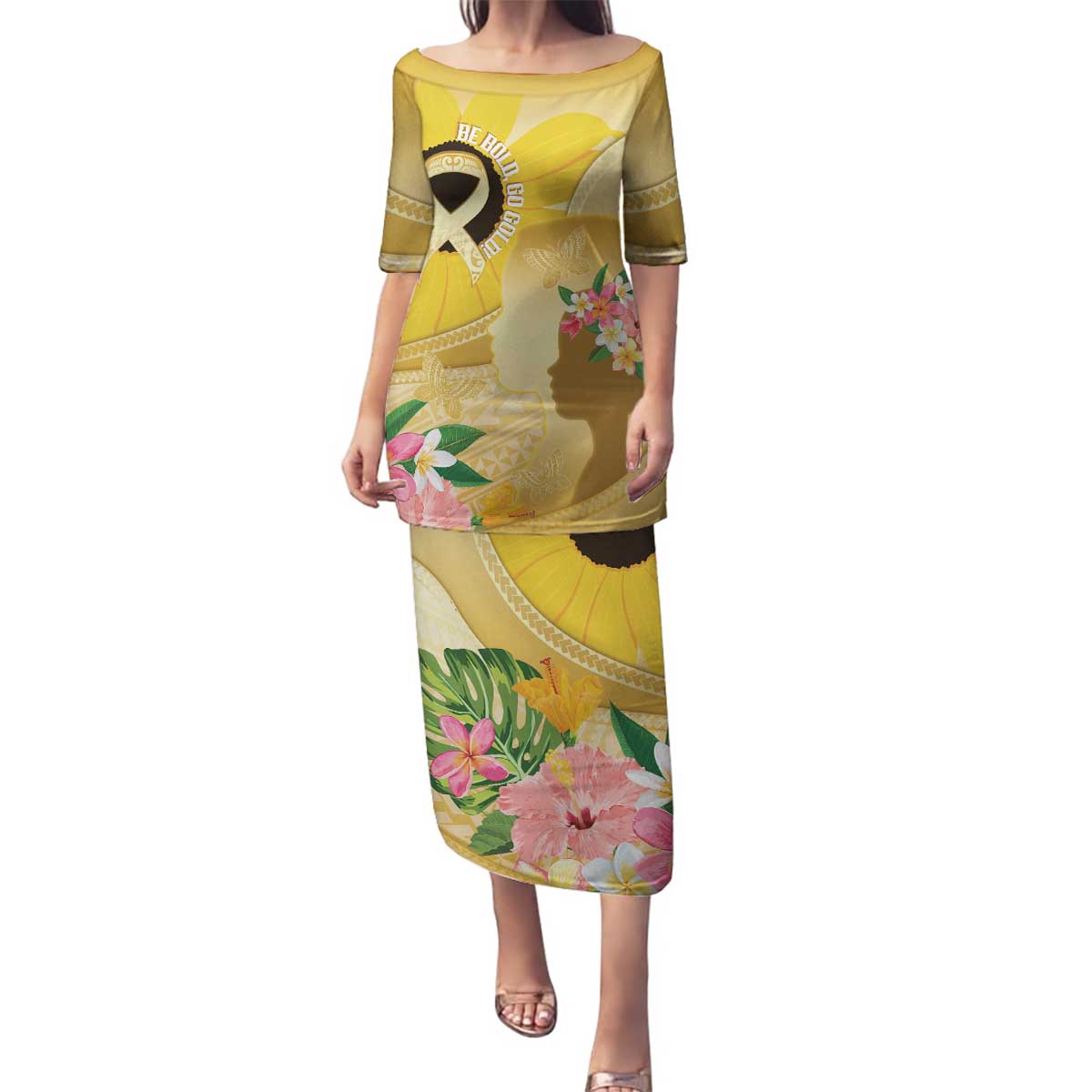 Polynesia Childhood Cancer Awareness Family Matching Puletasi and Hawaiian Shirt Be Bold Go Gold Polynesian Art LT14 Mom's Dress Gold - Polynesian Pride