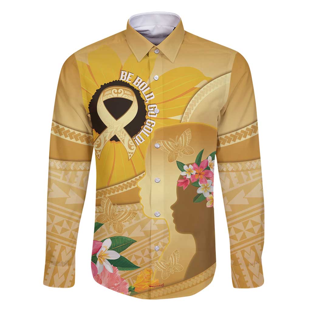 Polynesia Childhood Cancer Awareness Family Matching Tank Maxi Dress and Hawaiian Shirt Be Bold Go Gold Polynesian Art LT14 Dad's Shirt - Long Sleeve Gold - Polynesian Pride