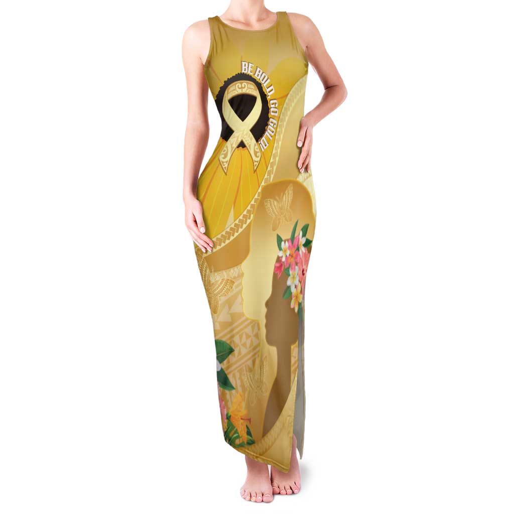 Polynesia Childhood Cancer Awareness Family Matching Tank Maxi Dress and Hawaiian Shirt Be Bold Go Gold Polynesian Art LT14 Mom's Dress Gold - Polynesian Pride