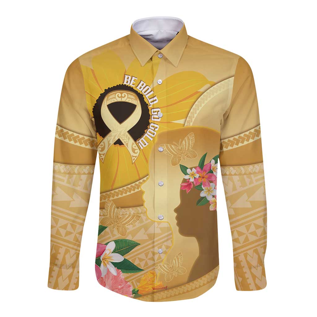 Polynesia Childhood Cancer Awareness Long Sleeve Button Shirt Be Bold Go Gold Polynesian Art LT14 Unisex Gold - Polynesian Pride