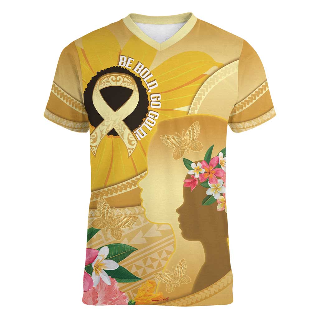 Polynesia Childhood Cancer Awareness Women V-Neck T-Shirt Be Bold Go Gold Polynesian Art LT14 Female Gold - Polynesian Pride