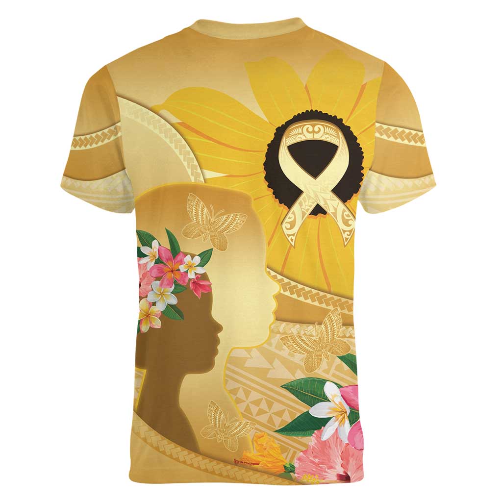 Polynesia Childhood Cancer Awareness Women V-Neck T-Shirt Be Bold Go Gold Polynesian Art LT14 - Polynesian Pride