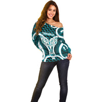 Aotearoa Atua Tangaroa Personalised Off Shoulder Sweater God Of The Sea Maori Whale Tail Cyan