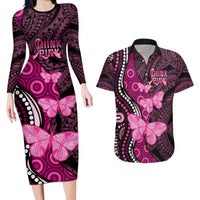 Think Pink Breast Cancer Awareness Couples Matching Long Sleeve Bodycon Dress and Hawaiian Shirt Butterfly Aboriginal Mix Polynesian Pattern LT14 Pink - Polynesian Pride