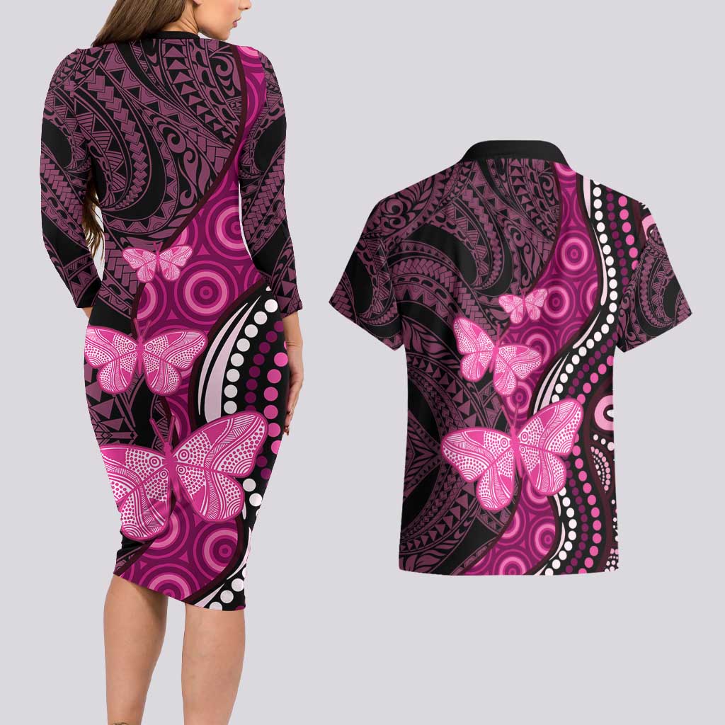 Think Pink Breast Cancer Awareness Couples Matching Long Sleeve Bodycon Dress and Hawaiian Shirt Butterfly Aboriginal Mix Polynesian Pattern LT14 - Polynesian Pride
