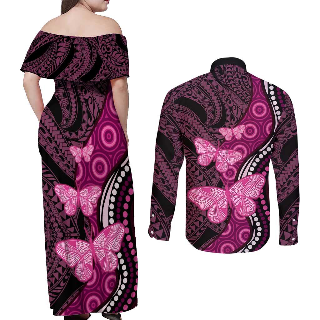 Think Pink Breast Cancer Awareness Couples Matching Off Shoulder Maxi Dress and Long Sleeve Button Shirt Butterfly Aboriginal Mix Polynesian Pattern