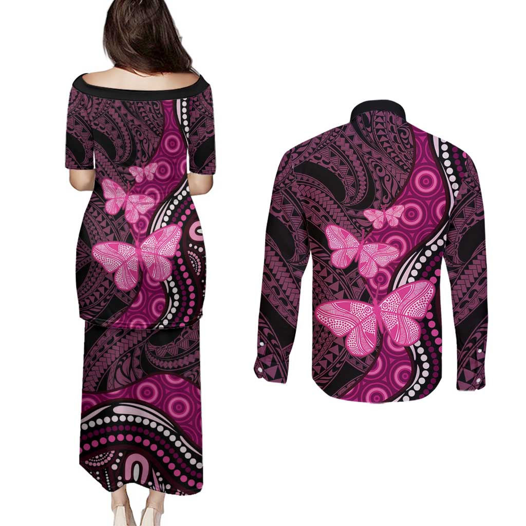 Think Pink Breast Cancer Awareness Couples Matching Puletasi and Long Sleeve Button Shirt Butterfly Aboriginal Mix Polynesian Pattern
