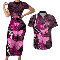 Think Pink Breast Cancer Awareness Couples Matching Short Sleeve Bodycon Dress and Hawaiian Shirt Butterfly Aboriginal Mix Polynesian Pattern LT14 Pink - Polynesian Pride