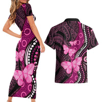 Think Pink Breast Cancer Awareness Couples Matching Short Sleeve Bodycon Dress and Hawaiian Shirt Butterfly Aboriginal Mix Polynesian Pattern LT14 - Polynesian Pride