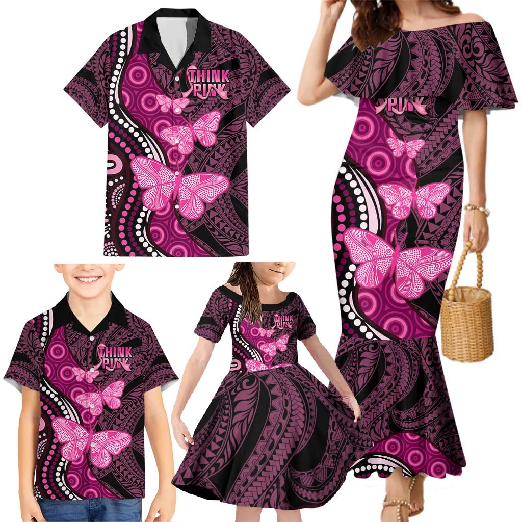 Think Pink Breast Cancer Awareness Family Matching Mermaid Dress and Hawaiian Shirt Butterfly Aboriginal Mix Polynesian Pattern LT14 - Polynesian Pride