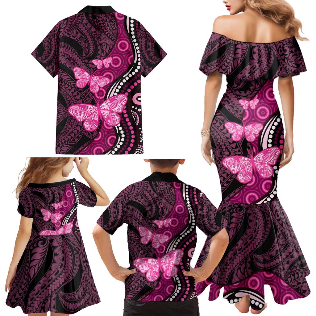 Think Pink Breast Cancer Awareness Family Matching Mermaid Dress and Hawaiian Shirt Butterfly Aboriginal Mix Polynesian Pattern LT14 - Polynesian Pride