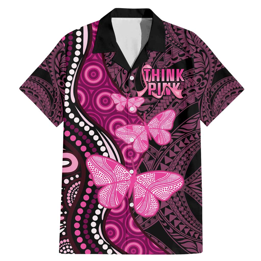 Think Pink Breast Cancer Awareness Family Matching Mermaid Dress and Hawaiian Shirt Butterfly Aboriginal Mix Polynesian Pattern LT14 Dad's Shirt - Short Sleeve Pink - Polynesian Pride