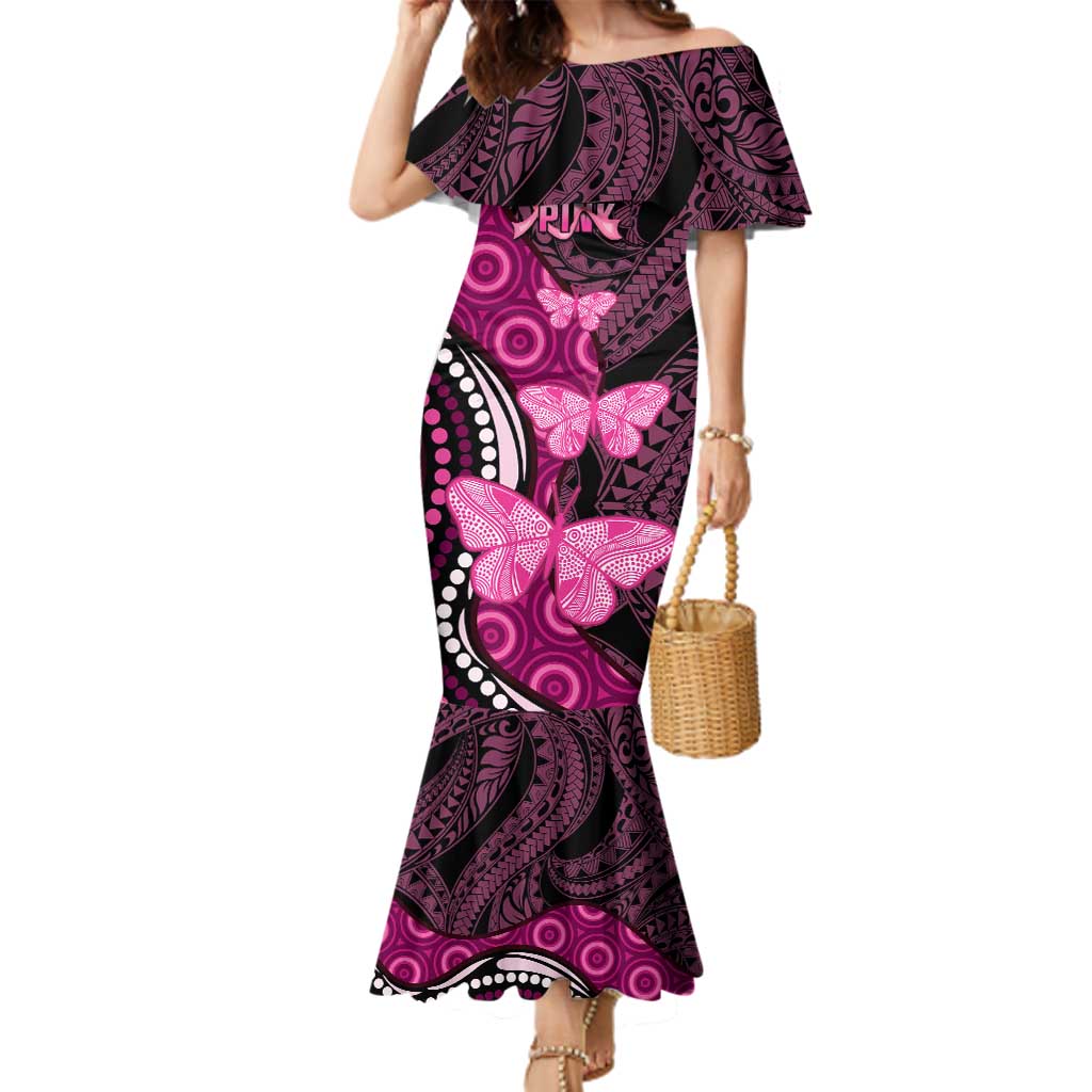 Think Pink Breast Cancer Awareness Family Matching Mermaid Dress and Hawaiian Shirt Butterfly Aboriginal Mix Polynesian Pattern LT14 Mom's Dress Pink - Polynesian Pride