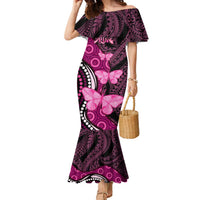 Think Pink Breast Cancer Awareness Family Matching Mermaid Dress and Hawaiian Shirt Butterfly Aboriginal Mix Polynesian Pattern LT14 Mom's Dress Pink - Polynesian Pride