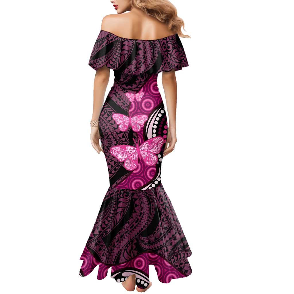 Think Pink Breast Cancer Awareness Family Matching Mermaid Dress and Hawaiian Shirt Butterfly Aboriginal Mix Polynesian Pattern LT14 - Polynesian Pride