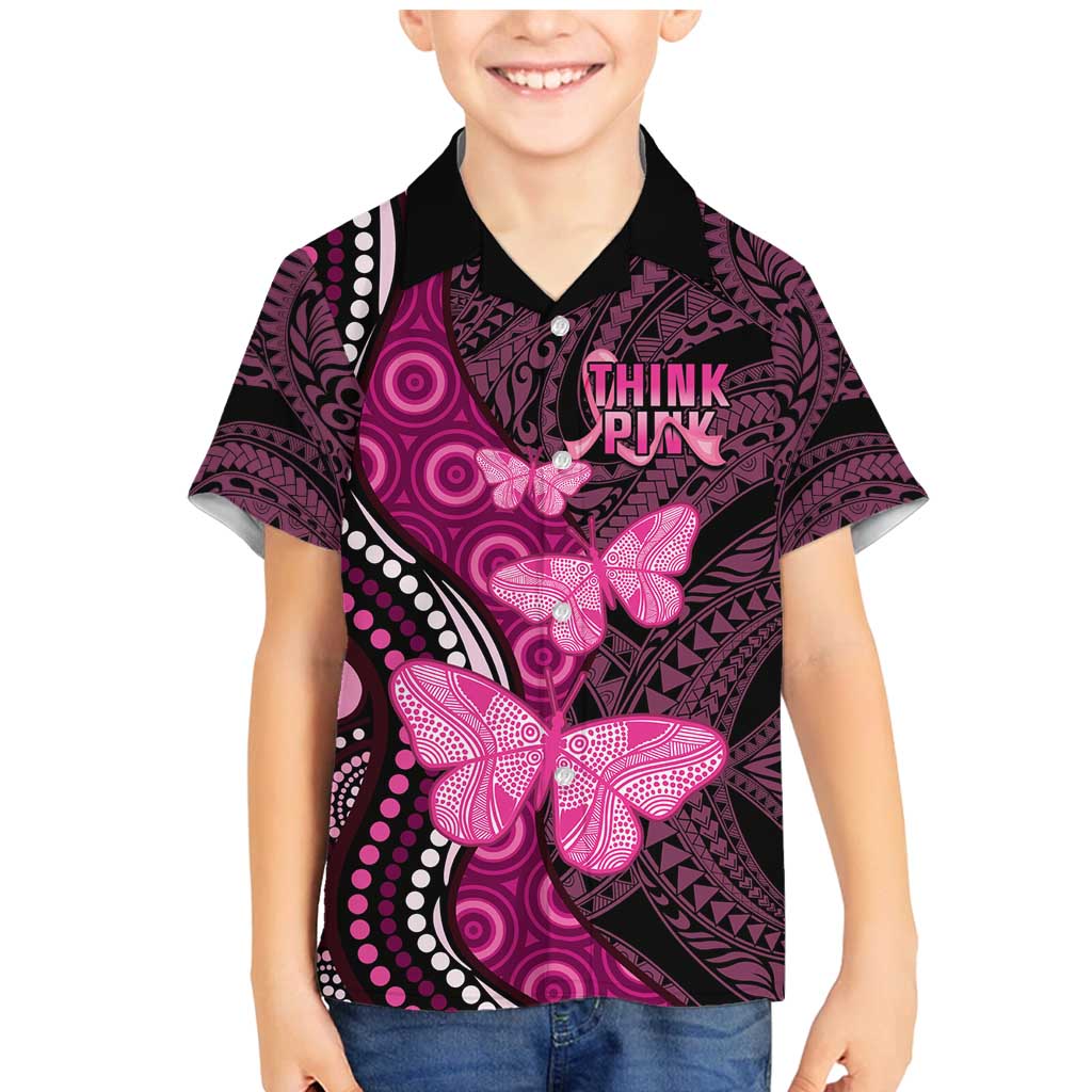 Think Pink Breast Cancer Awareness Family Matching Mermaid Dress and Hawaiian Shirt Butterfly Aboriginal Mix Polynesian Pattern LT14 Son's Shirt Pink - Polynesian Pride