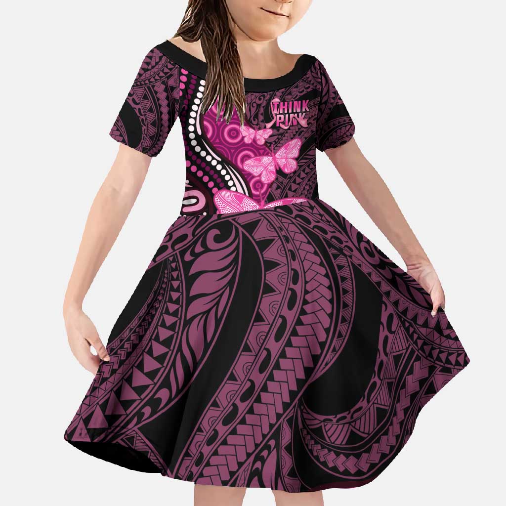 Think Pink Breast Cancer Awareness Family Matching Off Shoulder Maxi Dress and Hawaiian Shirt Butterfly Aboriginal Mix Polynesian Pattern LT14 Daughter's Dress Pink - Polynesian Pride