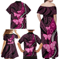 Think Pink Breast Cancer Awareness Family Matching Off Shoulder Maxi Dress and Hawaiian Shirt Butterfly Aboriginal Mix Polynesian Pattern LT14 - Polynesian Pride