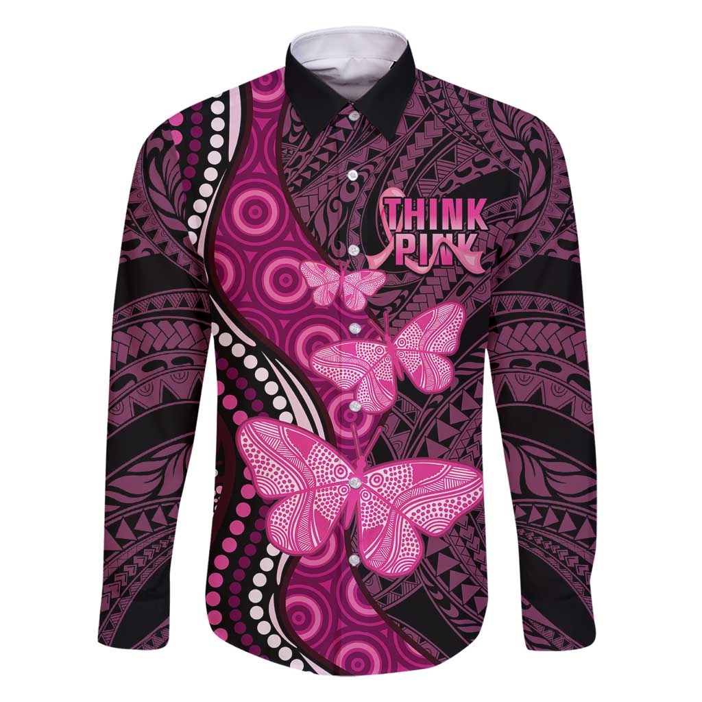 Think Pink Breast Cancer Awareness Family Matching Off Shoulder Maxi Dress and Hawaiian Shirt Butterfly Aboriginal Mix Polynesian Pattern LT14 Dad's Shirt - Long Sleeve Pink - Polynesian Pride