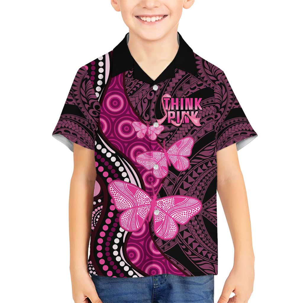 Think Pink Breast Cancer Awareness Family Matching Off Shoulder Maxi Dress and Hawaiian Shirt Butterfly Aboriginal Mix Polynesian Pattern LT14 Son's Shirt Pink - Polynesian Pride
