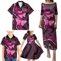 Think Pink Breast Cancer Awareness Family Matching Puletasi and Hawaiian Shirt Butterfly Aboriginal Mix Polynesian Pattern LT14 - Polynesian Pride