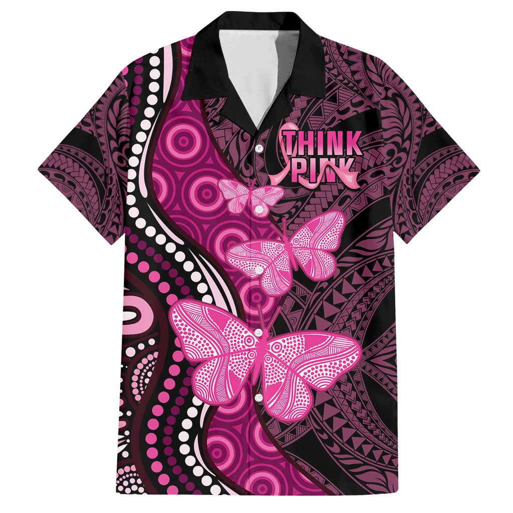 Think Pink Breast Cancer Awareness Family Matching Puletasi and Hawaiian Shirt Butterfly Aboriginal Mix Polynesian Pattern LT14 Dad's Shirt - Short Sleeve Pink - Polynesian Pride