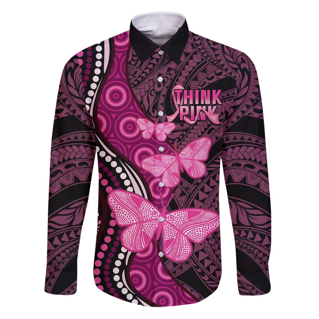Think Pink Breast Cancer Awareness Family Matching Puletasi and Hawaiian Shirt Butterfly Aboriginal Mix Polynesian Pattern LT14 Dad's Shirt - Long Sleeve Pink - Polynesian Pride