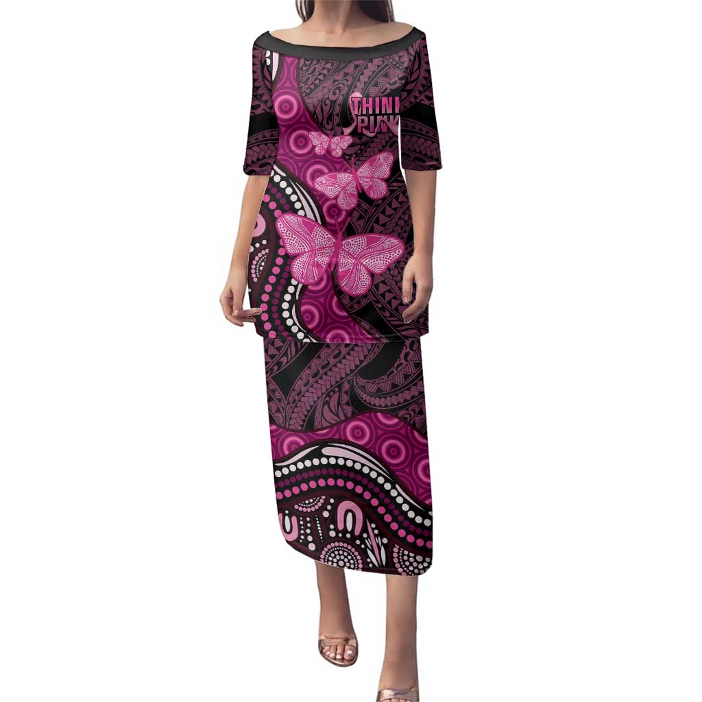 Think Pink Breast Cancer Awareness Family Matching Puletasi and Hawaiian Shirt Butterfly Aboriginal Mix Polynesian Pattern LT14 Mom's Dress Pink - Polynesian Pride