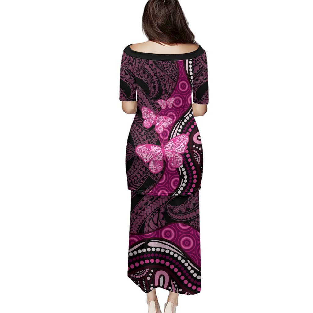 Think Pink Breast Cancer Awareness Family Matching Puletasi and Hawaiian Shirt Butterfly Aboriginal Mix Polynesian Pattern LT14 - Polynesian Pride