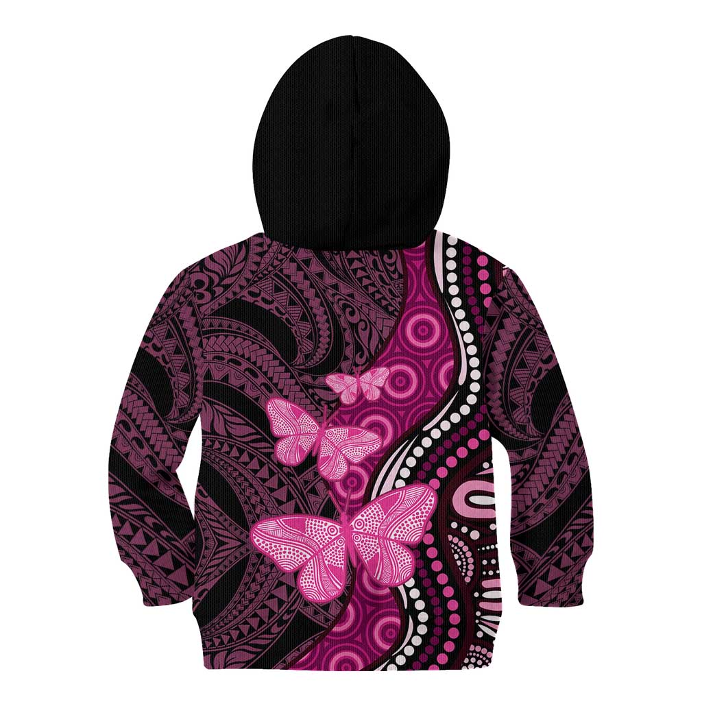 Think Pink Breast Cancer Awareness Kid Hoodie Butterfly Aboriginal Mix Polynesian Pattern