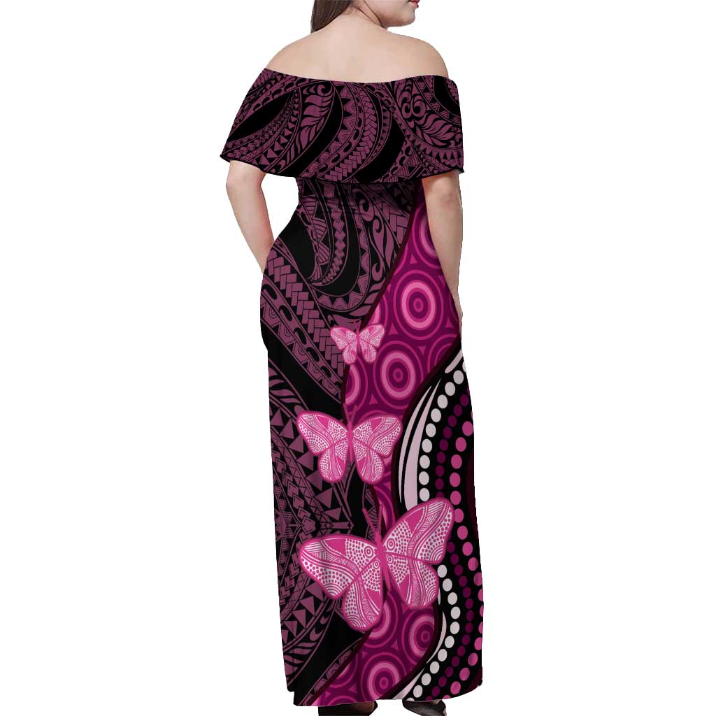 Think Pink Breast Cancer Awareness Off Shoulder Maxi Dress Butterfly Aboriginal Mix Polynesian Pattern
