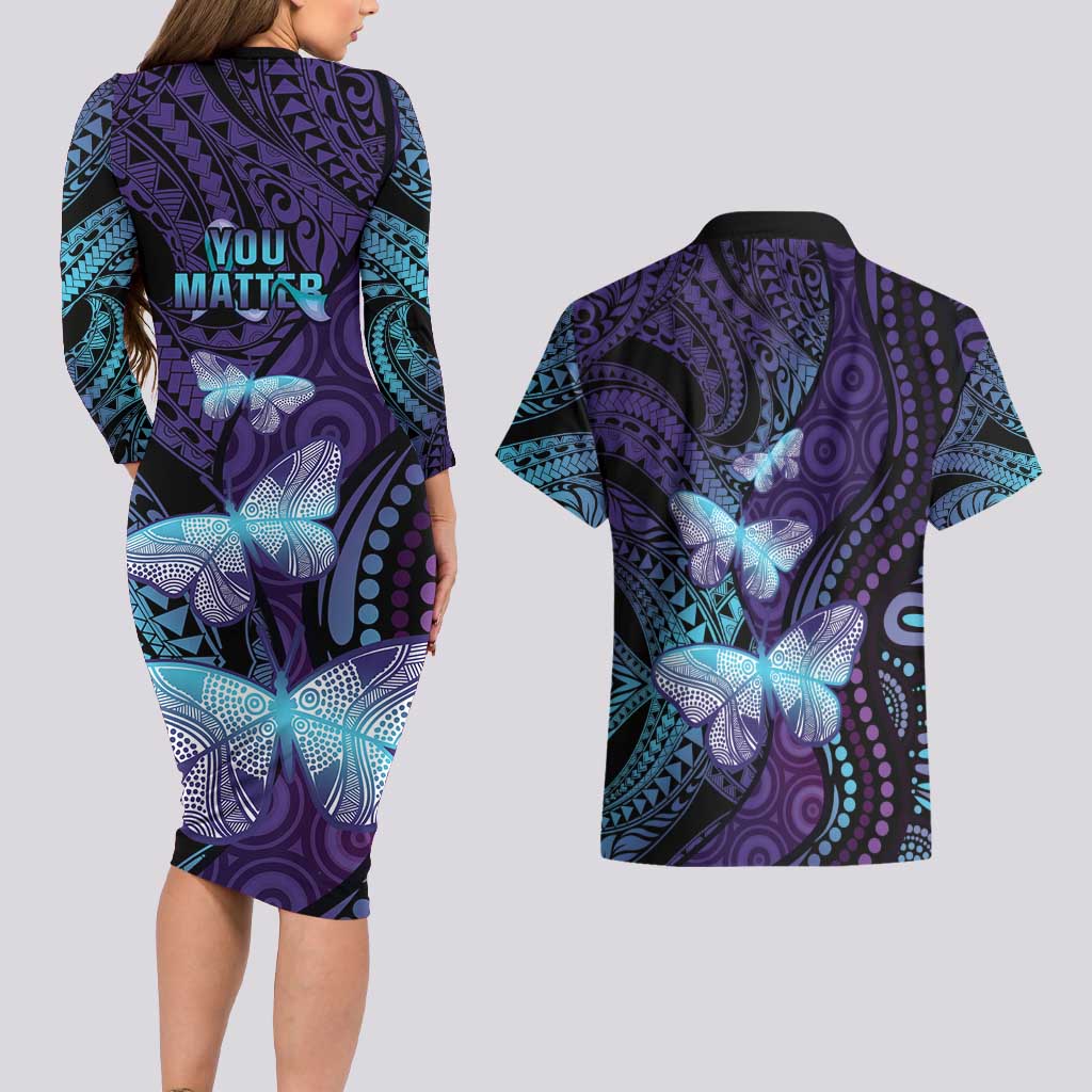 You Matter Suicide Prevention Awareness Couples Matching Long Sleeve Bodycon Dress and Hawaiian Shirt Butterfly Aboriginal Mix Polynesian Pattern LT14 - Polynesian Pride