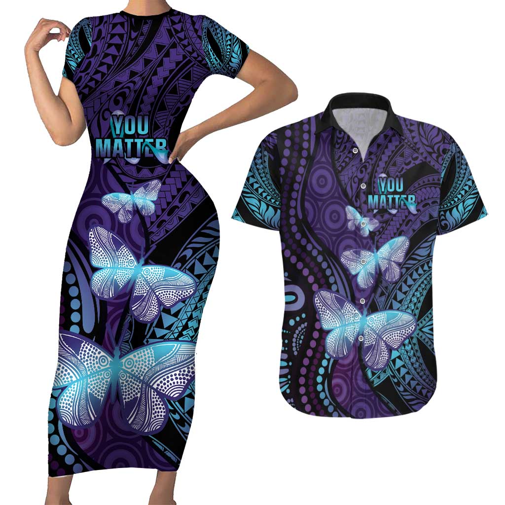 You Matter Suicide Prevention Awareness Couples Matching Short Sleeve Bodycon Dress and Hawaiian Shirt Butterfly Aboriginal Mix Polynesian Pattern LT14 Purple - Polynesian Pride