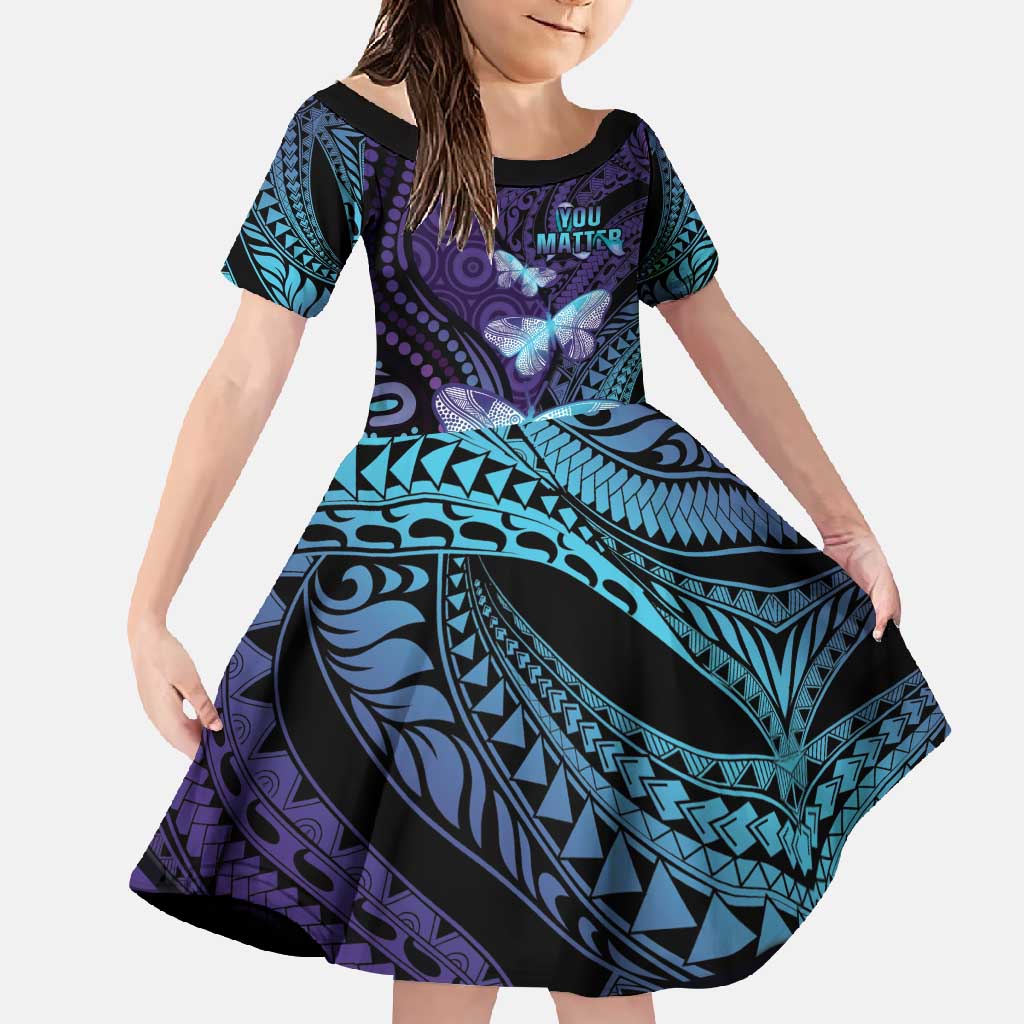 You Matter Suicide Prevention Awareness Family Matching Mermaid Dress and Hawaiian Shirt Butterfly Aboriginal Mix Polynesian Pattern LT14 Daughter's Dress Purple - Polynesian Pride
