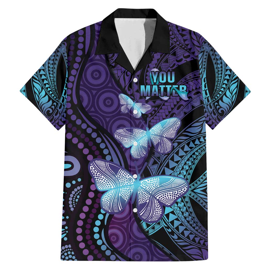You Matter Suicide Prevention Awareness Family Matching Mermaid Dress and Hawaiian Shirt Butterfly Aboriginal Mix Polynesian Pattern LT14 Dad's Shirt - Short Sleeve Purple - Polynesian Pride