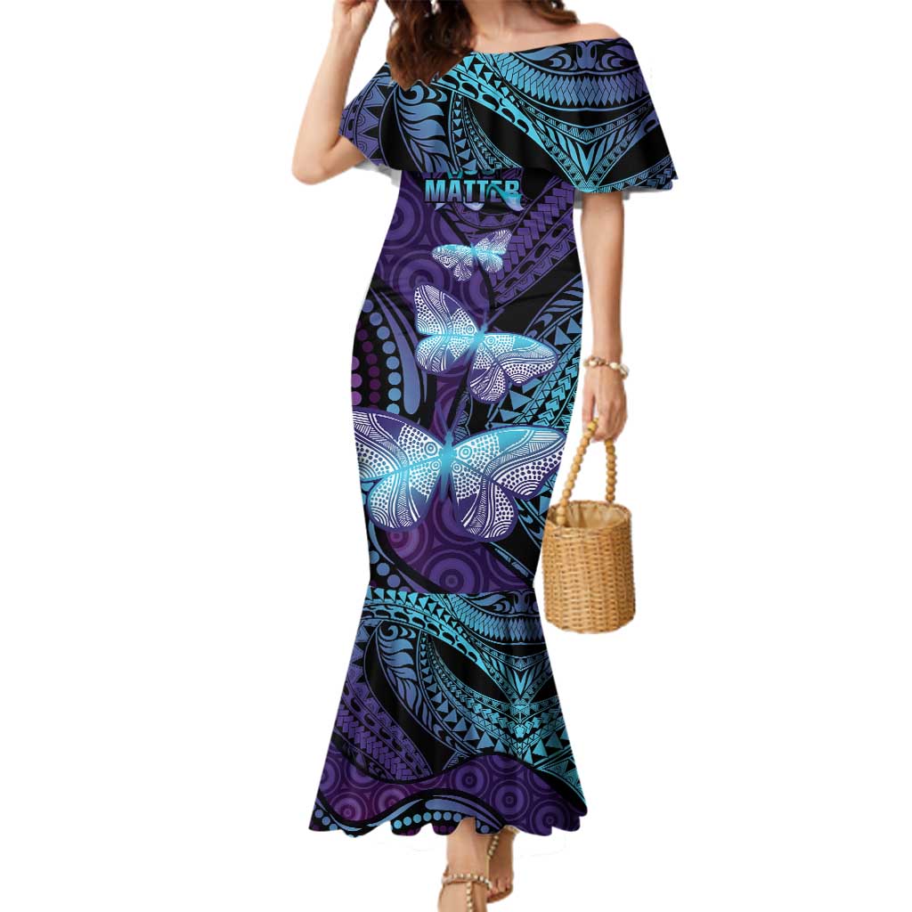 You Matter Suicide Prevention Awareness Family Matching Mermaid Dress and Hawaiian Shirt Butterfly Aboriginal Mix Polynesian Pattern LT14 Mom's Dress Purple - Polynesian Pride
