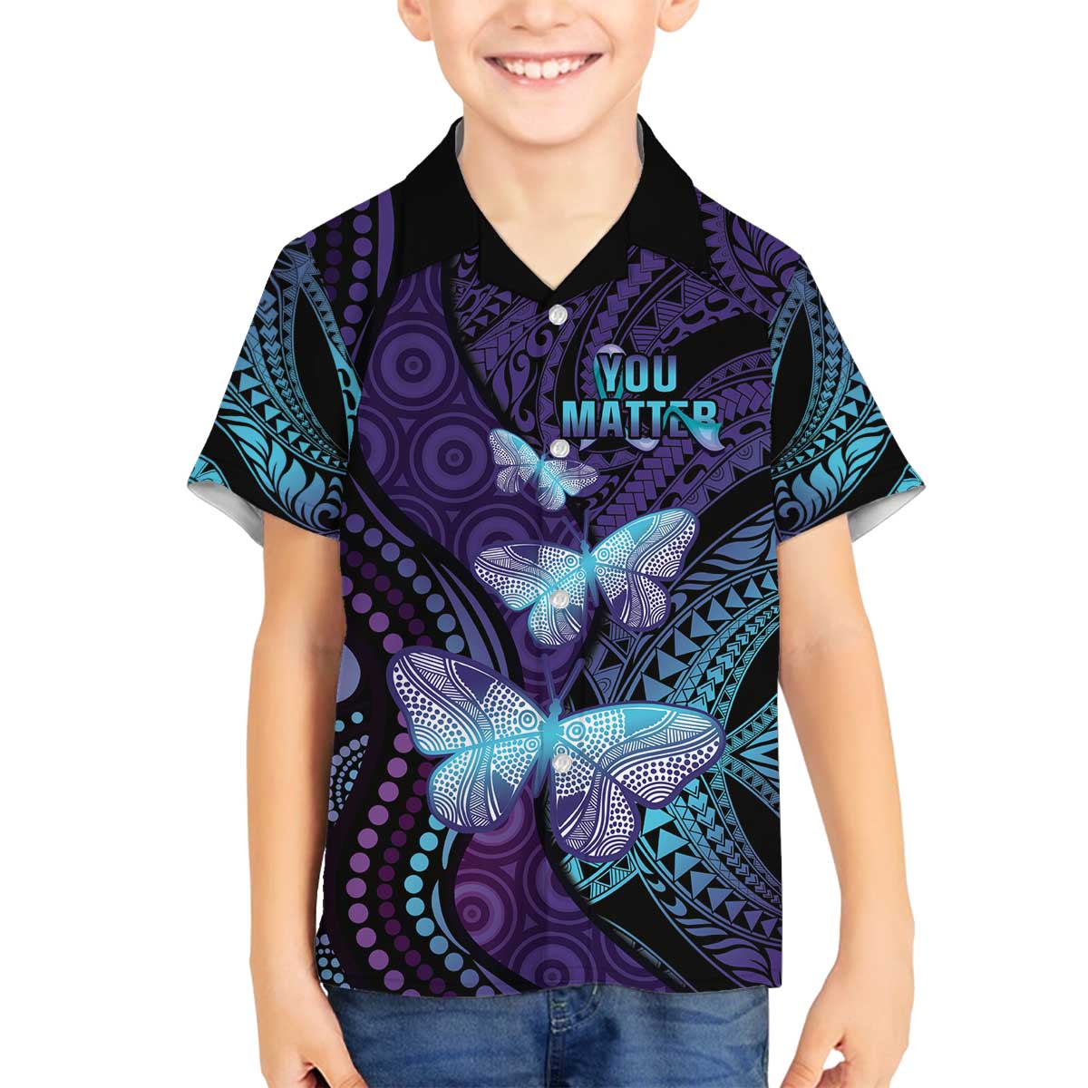 You Matter Suicide Prevention Awareness Family Matching Off The Shoulder Long Sleeve Dress and Hawaiian Shirt Butterfly Aboriginal Mix Polynesian Pattern LT14 Son's Shirt Purple - Polynesian Pride