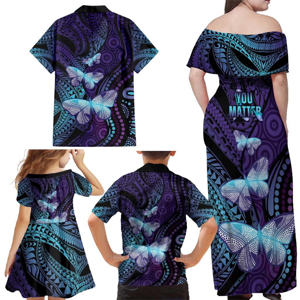 You Matter Suicide Prevention Awareness Family Matching Off Shoulder Maxi Dress and Hawaiian Shirt Butterfly Aboriginal Mix Polynesian Pattern LT14 - Polynesian Pride