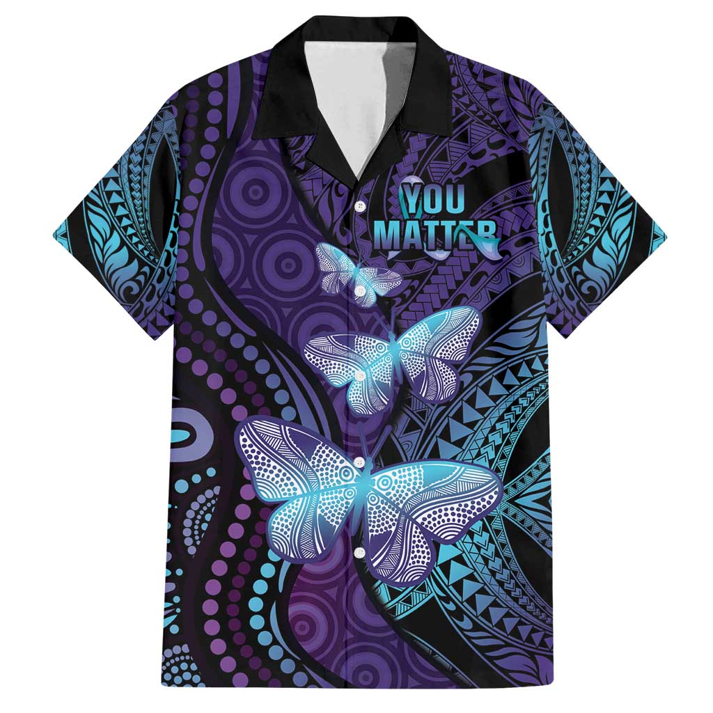 You Matter Suicide Prevention Awareness Family Matching Off Shoulder Maxi Dress and Hawaiian Shirt Butterfly Aboriginal Mix Polynesian Pattern LT14 Dad's Shirt - Short Sleeve Purple - Polynesian Pride