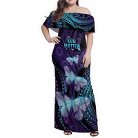 You Matter Suicide Prevention Awareness Family Matching Off Shoulder Maxi Dress and Hawaiian Shirt Butterfly Aboriginal Mix Polynesian Pattern LT14 Mom's Dress Purple - Polynesian Pride