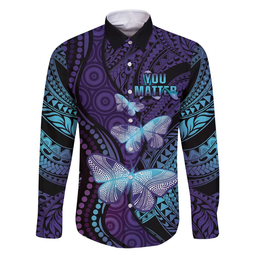 You Matter Suicide Prevention Awareness Family Matching Puletasi and Hawaiian Shirt Butterfly Aboriginal Mix Polynesian Pattern LT14 Dad's Shirt - Long Sleeve Purple - Polynesian Pride