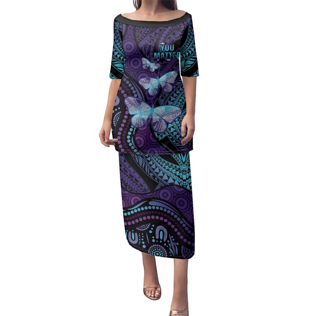 You Matter Suicide Prevention Awareness Family Matching Puletasi and Hawaiian Shirt Butterfly Aboriginal Mix Polynesian Pattern LT14 Mom's Dress Purple - Polynesian Pride