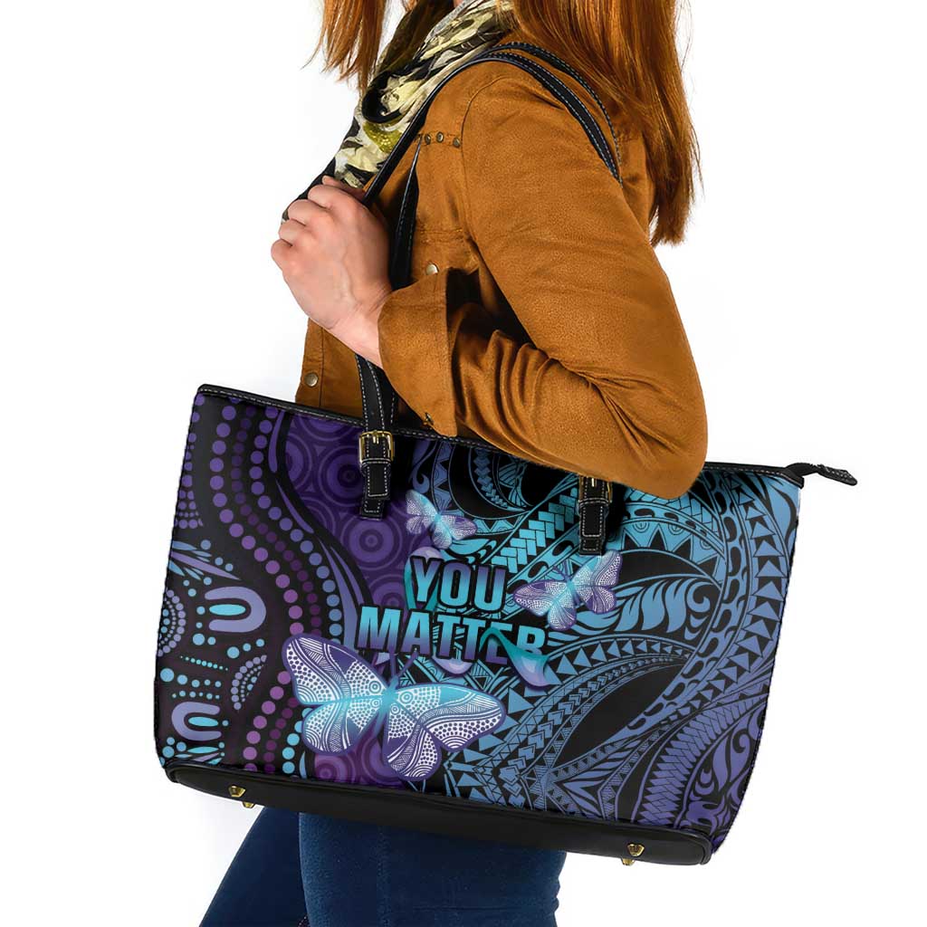 You Matter Suicide Prevention Awareness Leather Tote Bag Butterfly Aboriginal Mix Polynesian Pattern LT14 Purple - Polynesian Pride