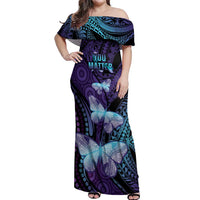 You Matter Suicide Prevention Awareness Off Shoulder Maxi Dress Butterfly Aboriginal Mix Polynesian Pattern LT14 Women Purple - Polynesian Pride