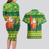 Cook Islands Christmas Couples Matching Long Sleeve Bodycon Dress and Hawaiian Shirt Surfing Santa Mere Kiritimiti LT14 - Polynesian Pride