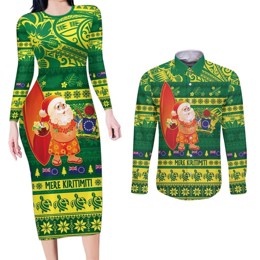 Cook Islands Christmas Couples Matching Long Sleeve Bodycon Dress and Long Sleeve Button Shirt Surfing Santa Mere Kiritimiti LT14 Green - Polynesian Pride