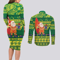 Cook Islands Christmas Couples Matching Long Sleeve Bodycon Dress and Long Sleeve Button Shirt Surfing Santa Mere Kiritimiti LT14 - Polynesian Pride
