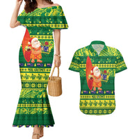 Cook Islands Christmas Couples Matching Mermaid Dress and Hawaiian Shirt Surfing Santa Mere Kiritimiti LT14 Green - Polynesian Pride