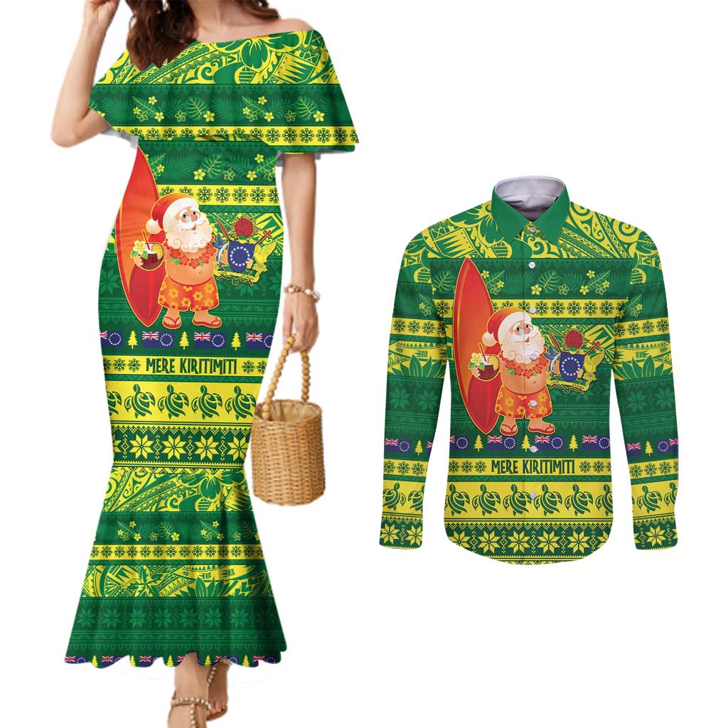 Cook Islands Christmas Couples Matching Mermaid Dress and Long Sleeve Button Shirt Surfing Santa Mere Kiritimiti LT14 Green - Polynesian Pride