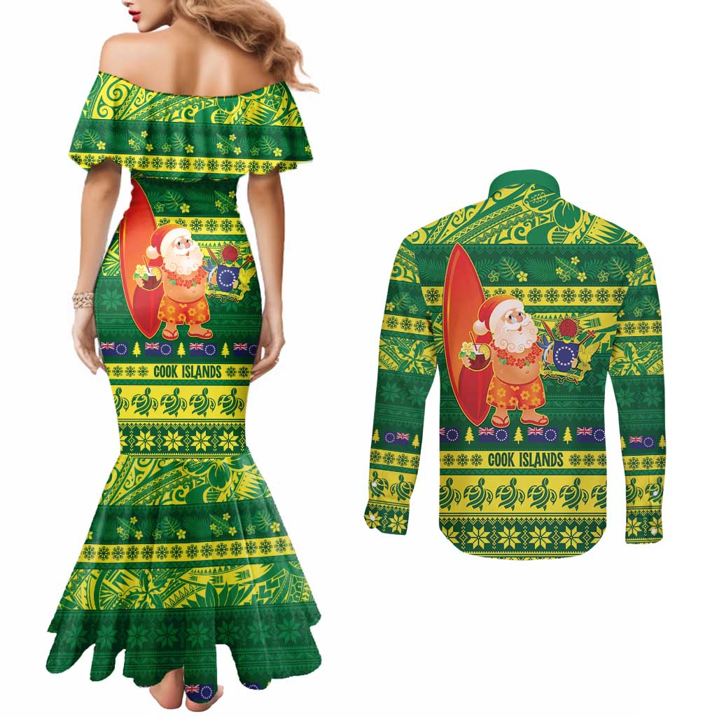 Cook Islands Christmas Couples Matching Mermaid Dress and Long Sleeve Button Shirt Surfing Santa Mere Kiritimiti LT14 - Polynesian Pride